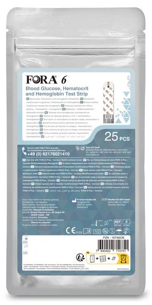 [042412-6-25BGPLUS] FORA 6 3-Í-1 strimlar - BG, HCT, HB (25 stk/poki)